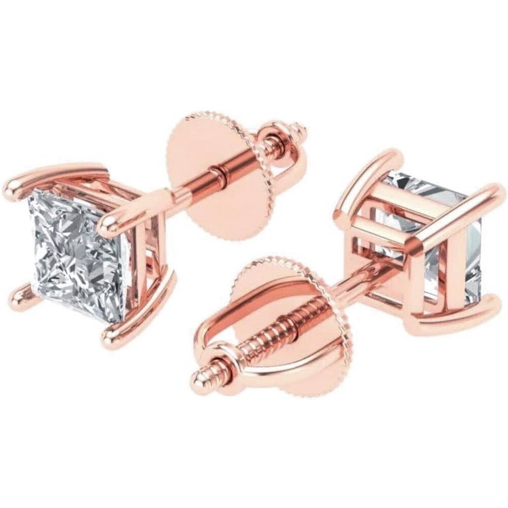 Small Solitaire Princess Cut Women's Pink Rose Gold Plated CZ Tiny Stud Earrings